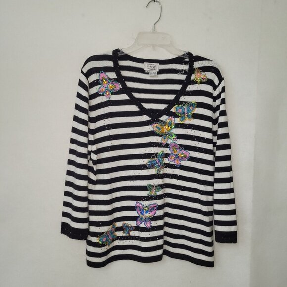 Just B Sweater Womens L Striped Butterfly Beaded V-Neck Rayon Blend Long Sleeve‎ - Picture 1 of 16